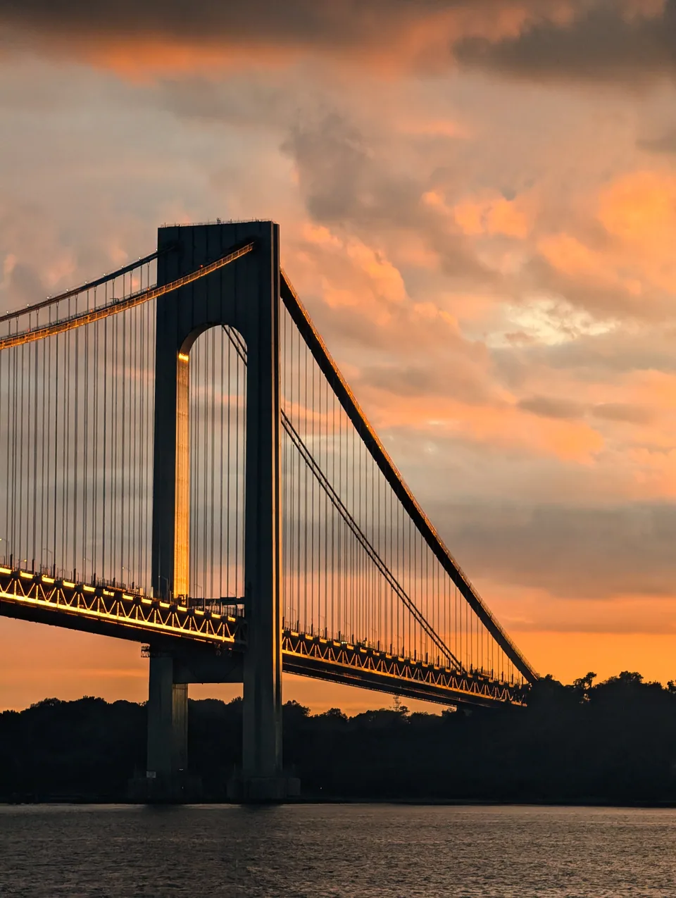 A suspension bridge and its cables under pink and orange evening clouds.